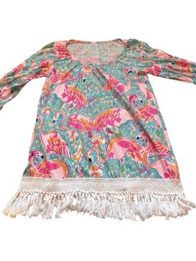 Lilly Pulitzer Flamingo Print Fringe Beach Cover-Up dress